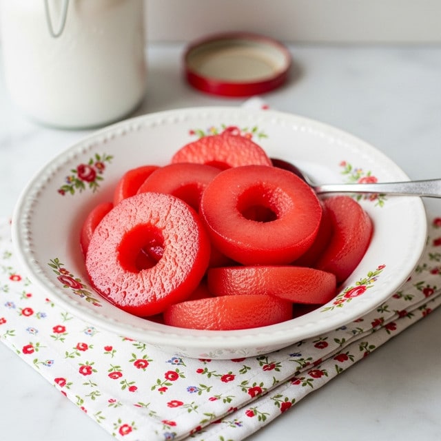 The image shows a bowl filled with bright red poached pear slices that have a soft, smooth texture and are stacked loosely on top of each other. The white bowl has a floral pattern around the edge, and a spoon rests on the edge of the bowl partly inside the pears. The bowl is placed on a white cloth with small red and green floral prints, which sits on a white marbled surface. In the background, there is a white jar with a red lid. The setting feels warm and rustic. photo taken with an iphone --ar 4:5 --v 7