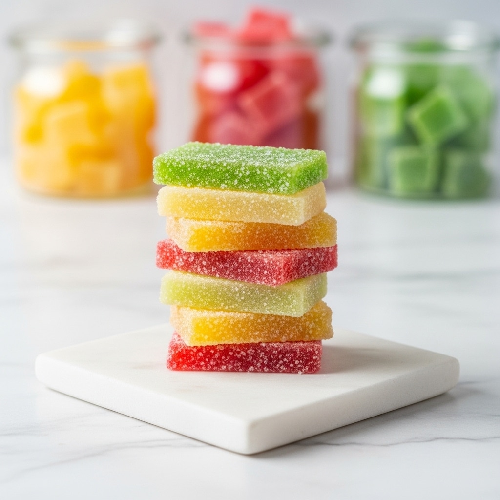 The image shows a small stack of seven thin, rectangular jelly-like pieces with a sugar coating, placed on a square white marble surface. The layers alternate in colors: green on top, followed by pale yellow, red, green, pale yellow, and ending with red at the bottom. In the blurred background, there are glass jars filled with jelly candies in yellow, red, and green hues, all set on a white marbled texture. The overall look is bright and colorful with a soft focus on the stacked pieces. photo taken with an iphone --ar 4:5 --v 7