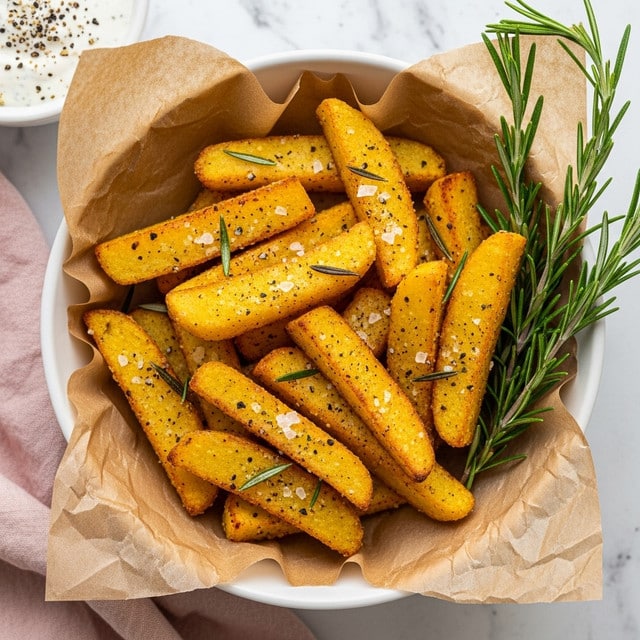 A white bowl lined with crinkled brown parchment paper holds a pile of golden-yellow potato wedges, each wedge seasoned with coarse salt and black pepper bits, with small green rosemary leaves scattered on top. The wedges have a crispy, slightly rough texture with some edges browned. Fresh green rosemary sprigs rest on the right side of the bowl. In the top left corner, part of a white bowl with a white creamy dip sprinkled with black seasoning is visible, set on a white marbled surface with a pink cloth peeking from the bottom left corner. photo taken with an iphone --ar 4:5 --v 7