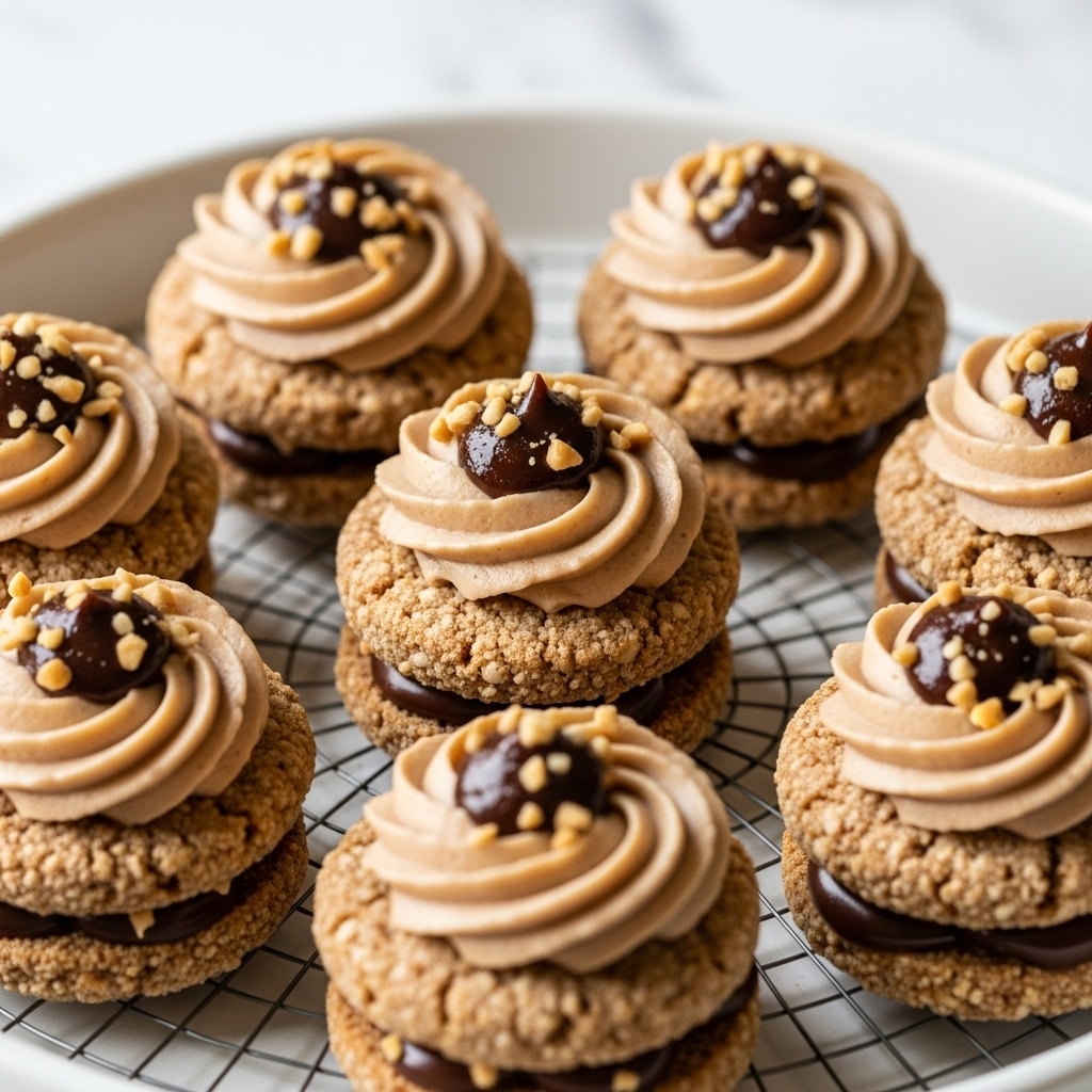 The image shows a close-up of seven small cookies arranged in a round white plate with a wire grid pattern. Each cookie has two layers: a light brown base with a rough, crumbly texture, and a swirl of smooth, darker brown cream on top. In the center of the cream swirl, there is a small dollop of glossy chocolate with some chopped nuts sprinkled around it. The cookies are tightly packed, overlapping slightly, and the focus is on the cookie in the middle. The background is a white marbled texture. photo taken with an iphone --ar 4:5 --v 7
