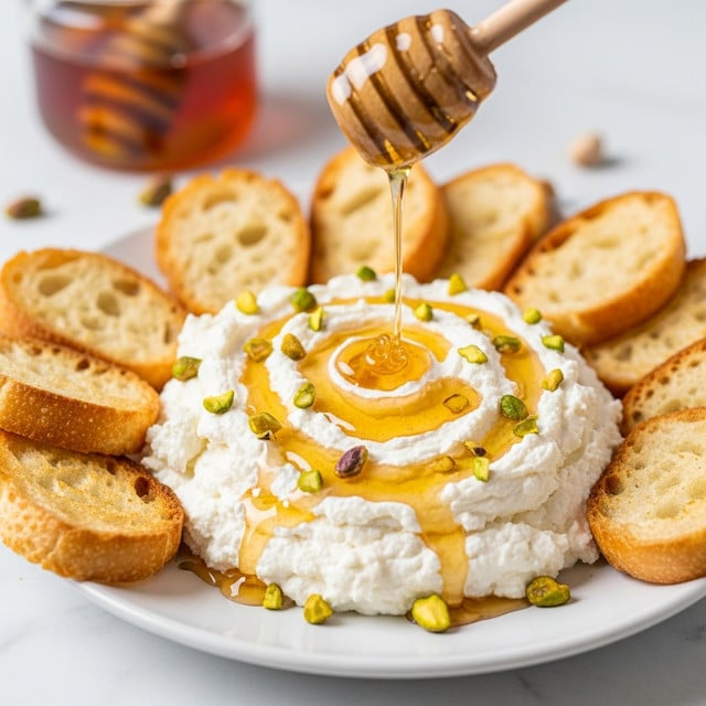 A white plate holds a creamy, white spread of cheese topped with a swirl of golden honey being drizzled from a honey dipper, with small bits of chopped pistachios sprinkled on top and around the edges. Surrounding the cheese are several pieces of toasted baguette slices, light golden brown with a crunchy texture and small air holes. In the blurred background, a glass jar of honey can be seen, all set on a white marbled surface. photo taken with an iphone --ar 4:5 --v 7