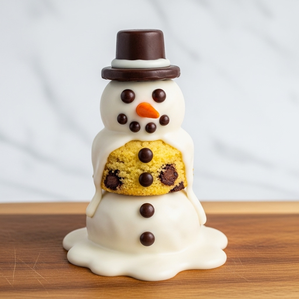The image shows a small snowman-shaped dessert sitting on a wooden board with a white marbled texture underneath. The snowman has three layers: the base is a yellow cake with visible chocolate chips inside. The cake is partially covered by a smooth, glossy white icing that drips slightly down the sides. The middle layer is created with round dark chocolate candy pieces forming two eyes and five buttons on the front. An orange candy forms the snowman’s nose. On top, there is a small dark brown hat made of chocolate with a flat base and cylindrical crown, with a white icing band around the base of the hat. The dessert looks soft and moist inside, with a playful, cute appearance. Photo taken with an iphone --ar 4:5 --v 7