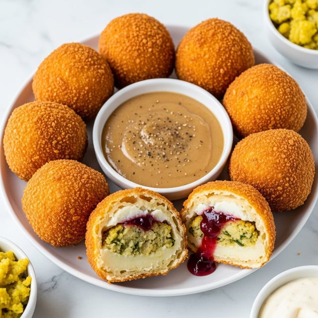The image shows a white plate with eight golden brown fried rolls arranged in a circle around a small white bowl filled with smooth brown gravy speckled with black pepper. The rolls are crispy with bumpy texture on the surface. One roll is cut open to show layers inside: white mashed potatoes at the bottom, green stuffing with herbs in the middle, and a dark red sauce, likely cranberry, on top that slightly drips out. The plate is placed on a white marbled surface with small containers of yellow stuffing and white sauce visible at the edges. photo taken with an iphone --ar 4:5 --v 7