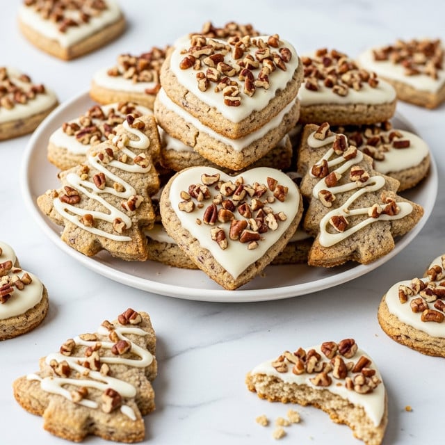 A white plate filled with multiple heart and Christmas tree shaped cookies stacked in layers, each cookie having a light beige base with small dark specks, topped with a thick layer of smooth white icing that covers the top center, sprinkled with small pieces of chopped nuts giving a crunchy texture; some cookies are lying on the white marbled surface around the plate, and a close-up view shows the soft crumbly texture of the broken cookie. photo taken with an iphone --ar 4:5 --v 7