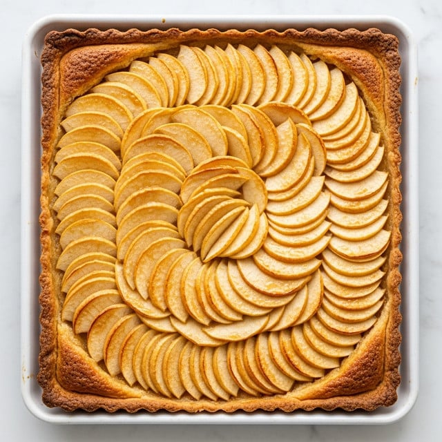 The image shows a large rectangular tart on a white baking tray with a golden brown crust that looks crispy and slightly flaky around the edges. The tart has thinly sliced apple pieces arranged in overlapping layers covering the entire surface in a circular pattern that moves from the edges toward the center. The apples are caramelized to a light amber color with a shiny glaze on top that catches the light. The background is a white marbled texture. photo taken with an iphone --ar 4:5 --v 7