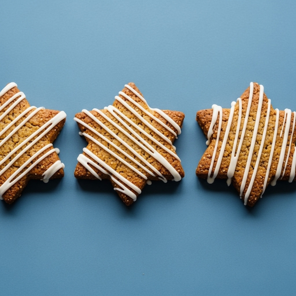 Three star-shaped cookies are lined up side by side on a blue surface. Each cookie is golden brown in color with a slightly rough texture, showing small bits of grain or spice. They have white icing drizzled over their tops in different patterns—thin and thick lines crossing the points of the stars. The lighting casts soft shadows below the cookies, highlighting their raised edges. photo taken with an iphone --ar 4:5 --v 7