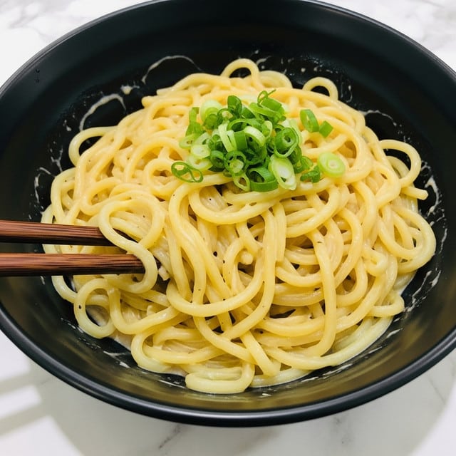 The image shows a black bowl filled with a mound of thick yellow noodles mixed with a creamy, light-colored sauce that clings to the strands. The noodles are garnished with bright green chopped scallions scattered lightly on top. Two dark wooden chopsticks are placed inside the bowl on the left side, partially inserted into the noodles. The bowl is set on a white marbled surface. photo taken with an iphone --ar 4:5 --v 7