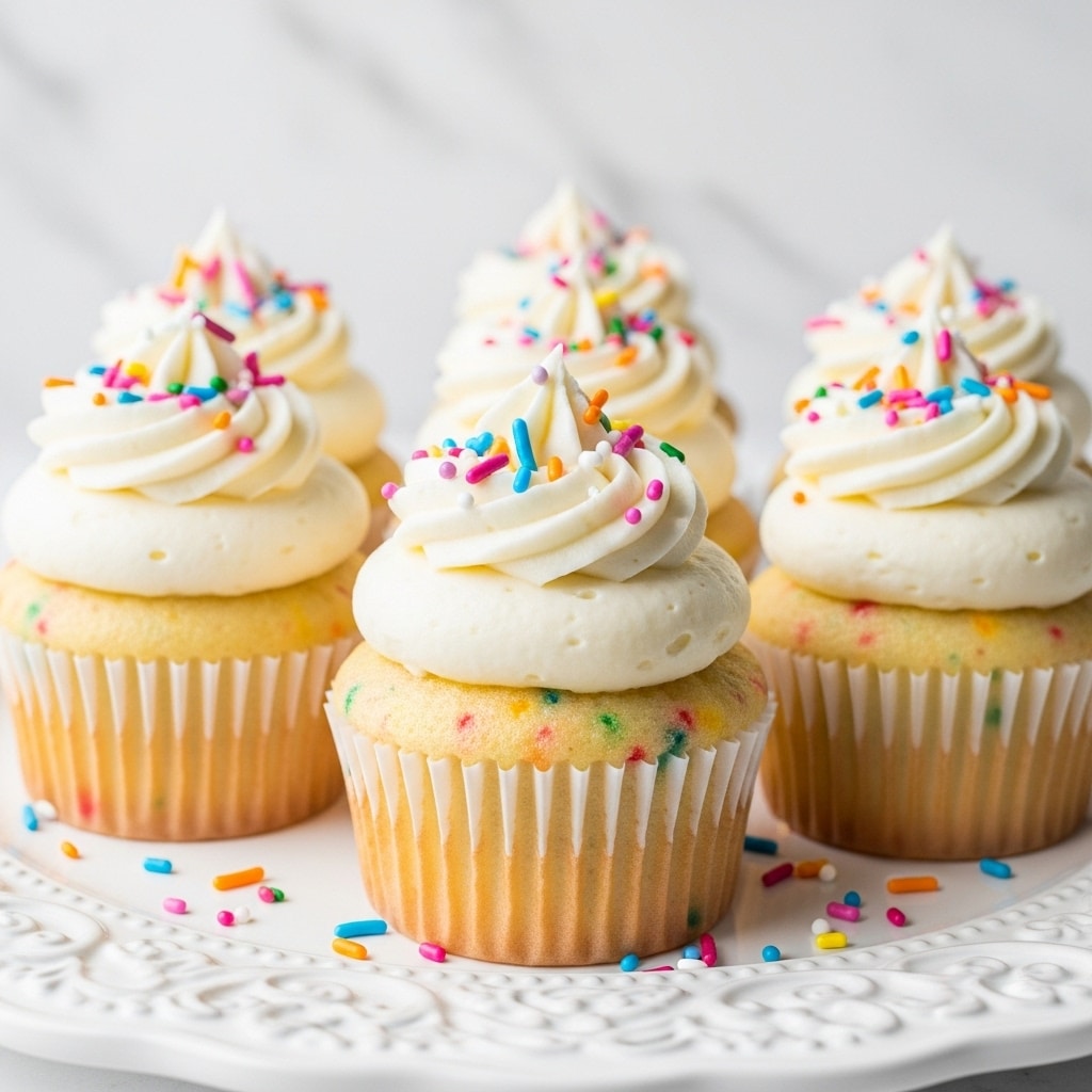 The image shows a close-up of several vanilla cupcakes with a single layer of light golden cake visible through white cupcake liners. Each cupcake is topped with two swirls of creamy white frosting that has a smooth, soft texture. The frosting is decorated with colorful rainbow sprinkles scattered on top and around the base on a white ornate plate. The background is a white marbled texture, adding a clean and bright look to the scene. photo taken with an iphone --ar 4:5 --v 7