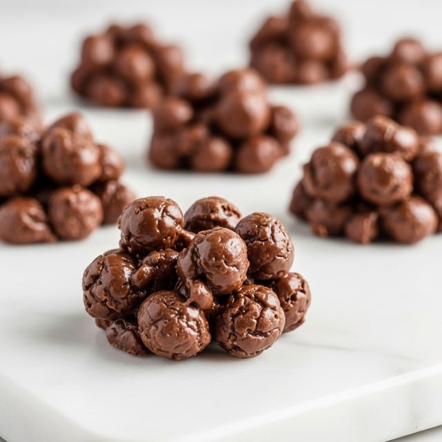 The image shows several small, rough-textured chocolate clusters with a chunky, uneven surface, placed on a smooth white marbled board. The clusters look dense and rich with darker and lighter brown tones blending together, giving a homemade appearance. In the foreground, one cluster is in sharp focus, showing its detailed bumpy texture, while the others fade softly into the blurred background. The photo has a warm, inviting feel with natural light highlighting the moist, glossy parts of the chocolate clusters. Photo taken with an iphone --ar 4:5 --v 7