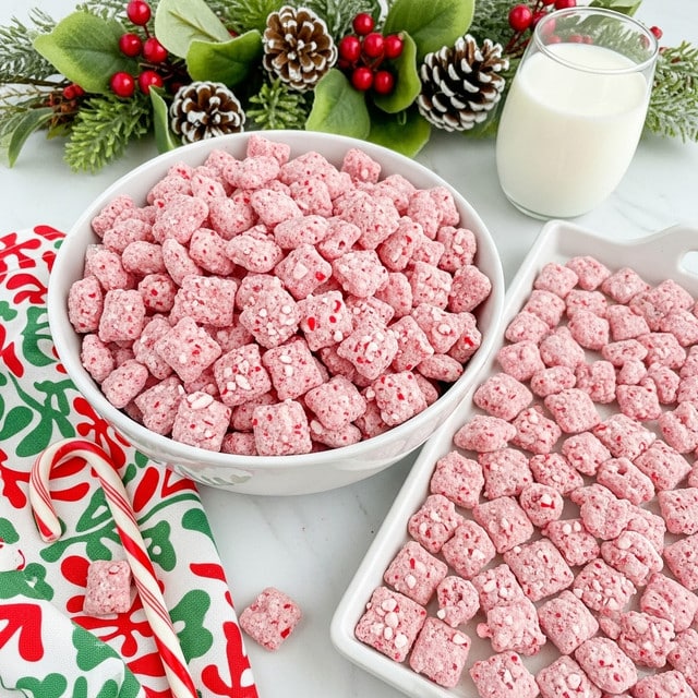 A large white bowl filled with small, square cereal pieces covered in a light pink coating with visible crushed peppermint bits, sitting on a white marbled surface. The cereal pieces have a rough texture with tiny red and white peppermint pieces mixed throughout, giving a speckled pink-and-white look. Next to the bowl is a white tray filled with more of the same cereal pieces spread out evenly. A red-and-white candy cane and a red, green, and white patterned cloth are placed near the bowl. In the background, there is a festive spring-like decoration with green leaves, red berries, and small pine cones, along with a glass of milk. photo taken with an iphone --ar 4:5 --v 7