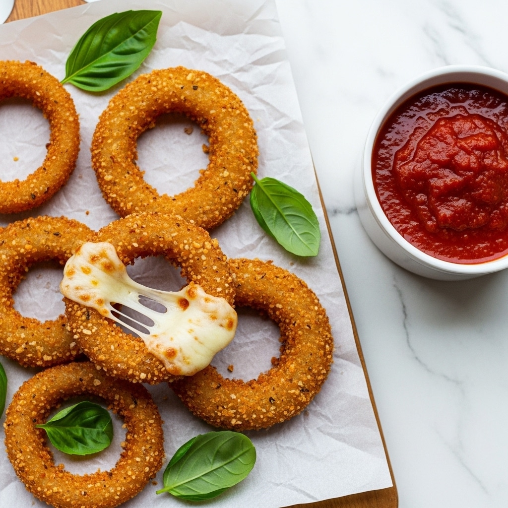 The image shows a few crispy golden brown onion rings on a white sheet of parchment paper placed on a wooden board. The onion rings have a rough, crunchy texture with some melted cheese stretching from one ring. Fresh green basil leaves are scattered around the onion rings, adding a fresh contrast. On the right side of the image, there is a white round cup filled with dark red marinara sauce. The background is a white marbled surface. Photo taken with an iphone --ar 4:5 --v 7