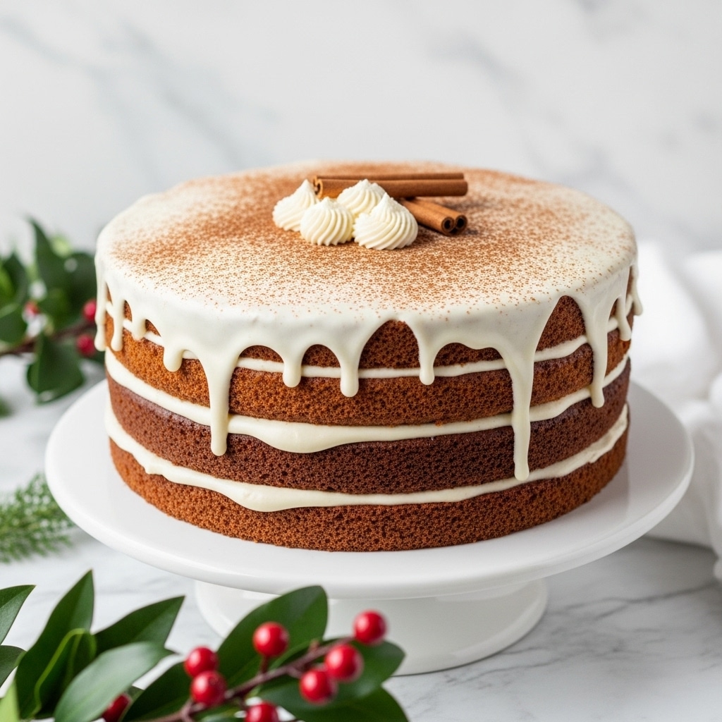 A slice of three-layer brown cake with light cream frosting between each layer and on the outside edge, resting on a white plate with a beige fork beside it. The cake texture looks moist and dense, and the frosting is creamy with a slightly rough finish. The plate sits on a white marbled surface with some green leafy decoration blurred in the background, giving a fresh and cozy feeling. Photo taken with an iphone --ar 4:5 --v 7