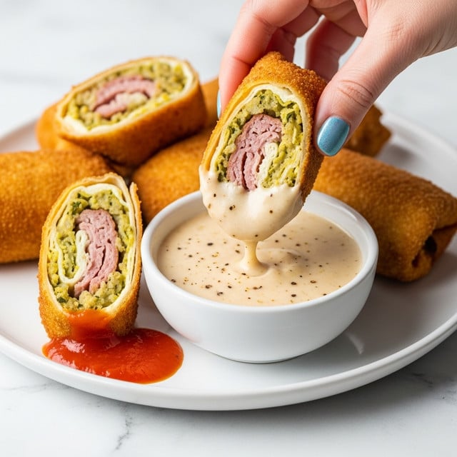 The image shows several golden-brown fried rolls on a white plate set on a white marbled surface. One roll, held by a woman's hand with shiny light blue nail polish, is dipped into a pale beige gravy with visible pepper specks inside a small white bowl on the plate. The rolls are filled with layers of soft pink meat, light green stuffing, and a bit of bright red sauce that drips slightly on the plate. The fried wraps have a bubbly and crispy texture, and the gravy drips slowly from the dipped roll. photo taken with an iphone --ar 4:5 --v 7