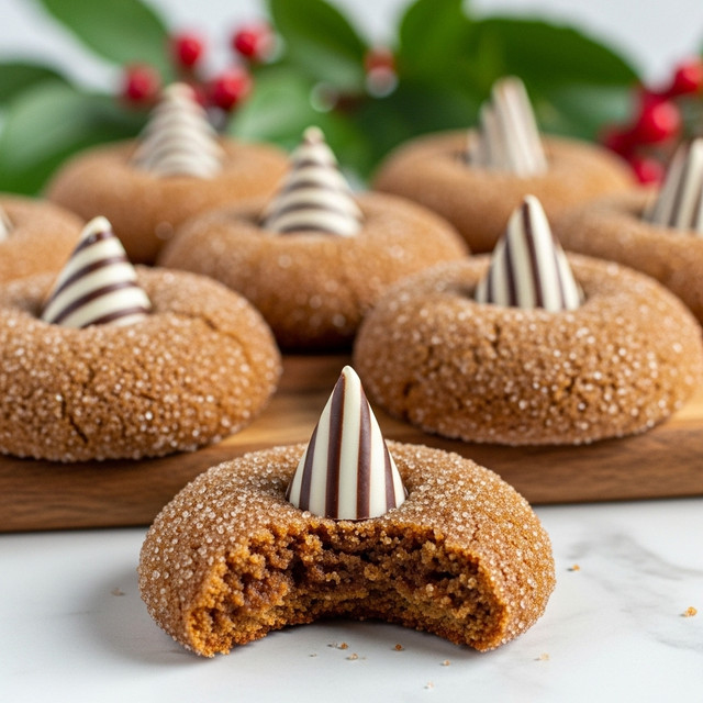 A close-up of several round, brown cookies with a rough sugary texture, each topped with a single cone-shaped white and dark brown striped chocolate piece in the center. One cookie in front has a bite taken out, showing a moist, crumbly inside. The cookies are arranged on a wooden board with a soft-focused mix of green leaves and red berries in the background. The whole scene is set on a white marbled surface. photo taken with an iphone --ar 4:5 --v 7