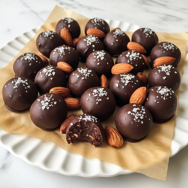 A white plate with wavy edges holds a piece of brown parchment paper on top. On the paper are about twenty round dark chocolate truffles, each with a smooth, shiny surface topped with small flakes of sea salt. Mixed between the truffles are roasted whole almonds with a slightly rough texture and light brown color. One truffle is bitten in half, showing a dense, crumbly dark filling inside. The plate is placed on a white marbled surface. photo taken with an iphone --ar 4:5 --v 7