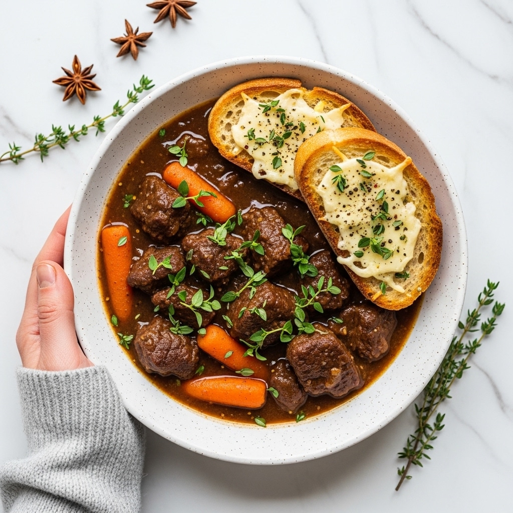A bowl of rich brown beef stew filled with large chunks of tender meat and bright orange baby carrots, with fresh green herbs sprinkled on top; two slices of toasted bread lay on the stew’s surface, covered with melted creamy white cheese and dotted with black pepper and more green herbs. The bowl is white and speckled, held by a woman's hand wearing a light gray sweater, set on a white marbled background with scattered star anise and thyme sprigs nearby. photo taken with an iphone --ar 4:5 --v 7