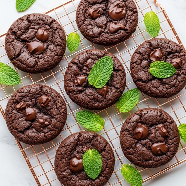 The image shows a close-up view of six dark chocolate cookies arranged on a copper cooling rack. Each cookie has a rich, slightly shiny texture with visible cracks and a dense, chewy appearance. Bright green mint leaves are placed around and on top of some cookies, adding a fresh contrast to the deep brown color. The cooling rack is set on a white marbled textured surface, enhancing the overall visual appeal of the cookies. Photo taken with an iphone --ar 4:5 --v 7