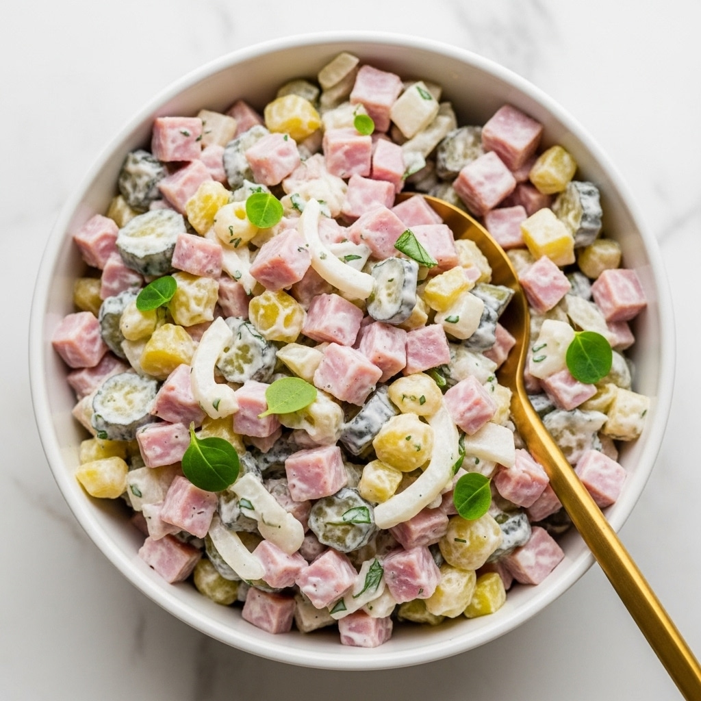 The image shows a close-up of a white bowl filled with a creamy salad made of small pink cubes of ham, pale yellow and green pickles, and bits of white onion, all mixed with a smooth white sauce. Small green herb leaves are sprinkled throughout the salad, adding a fresh touch. A gold spoon is tucked inside the bowl, lightly covered with the salad ingredients. The bowl sits on a white marbled surface, highlighting the colors and textures of the salad. Photo taken with an iphone --ar 4:5 --v 7