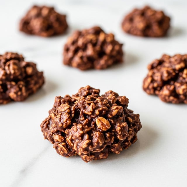 The image shows four chocolate no-bake cookies placed on a smooth white marbled surface. Each cookie is lumpy and rough, with a rich dark brown color and a texture made of oats and chocolate. The cookies are arranged scattered with one cookie in tight focus close to the camera, showing its bumpy and slightly shiny surface, while the others fade softly into the background. The scene feels warm and cozy with a shallow depth of field highlighting the details of the closest cookie. photo taken with an iphone --ar 4:5 --v 7