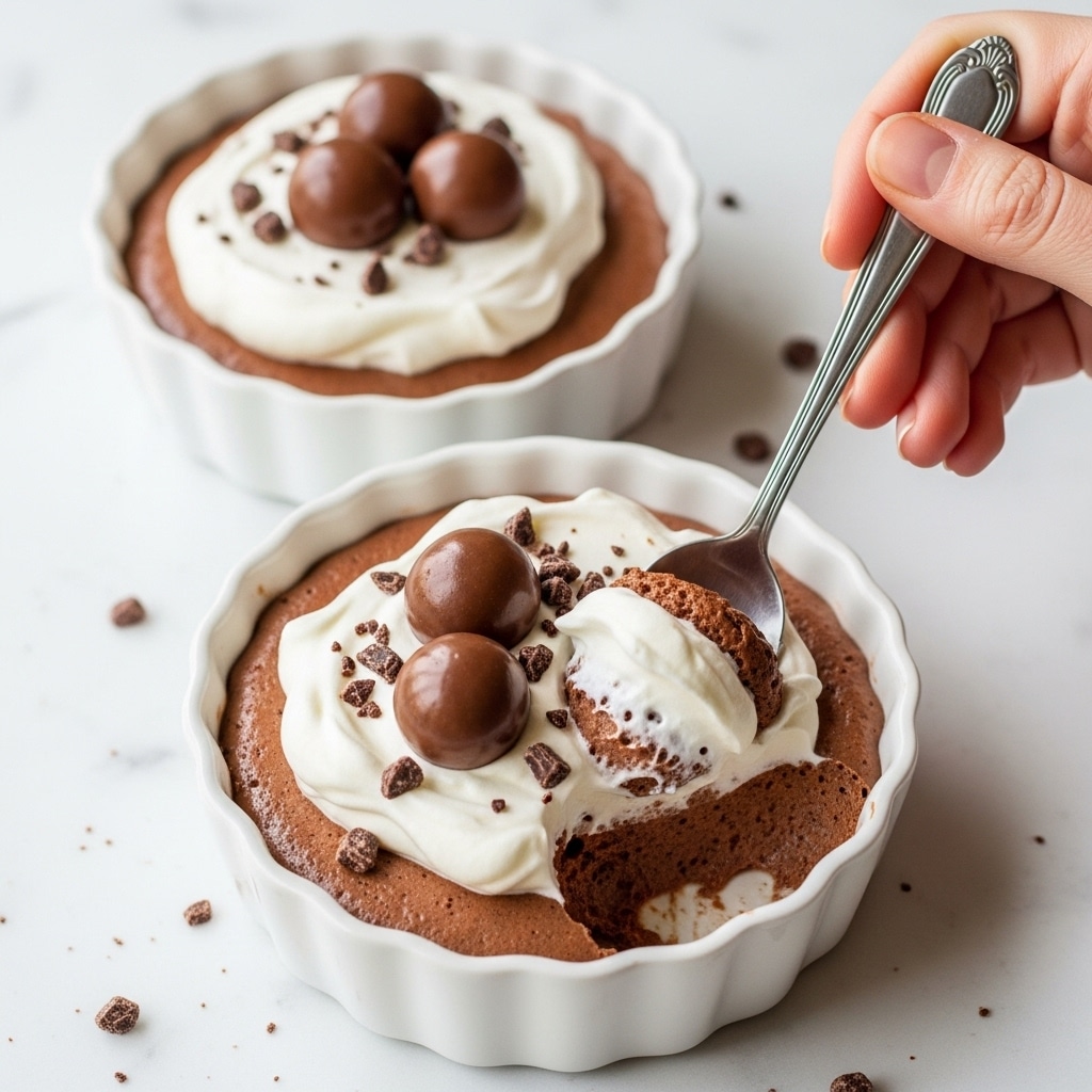 Two white scalloped ramekins are filled with a smooth chocolate mousse base, light brown and creamy in texture. Each ramekin is topped with a layer of white whipped cream that looks fluffy and soft, garnished with three round, dark chocolate balls and some crumbled chocolate bits scattered around. One ramekin has a silver spoon resting on top, scooping out some mousse with whipped cream on it, held by a woman's hand, all set on a white marbled surface. photo taken with an iphone --ar 4:5 --v 7