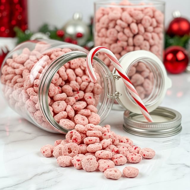 A clear glass jar tipped on its side spilling light pink cereal clusters with visible red peppermint bits onto a white marbled surface; one red and white striped candy cane is hooked onto the jar's open lid, and in the blurred background, more of the same cereal fills another clear container surrounded by holiday decorations. photo taken with an iphone --ar 4:5 --v 7