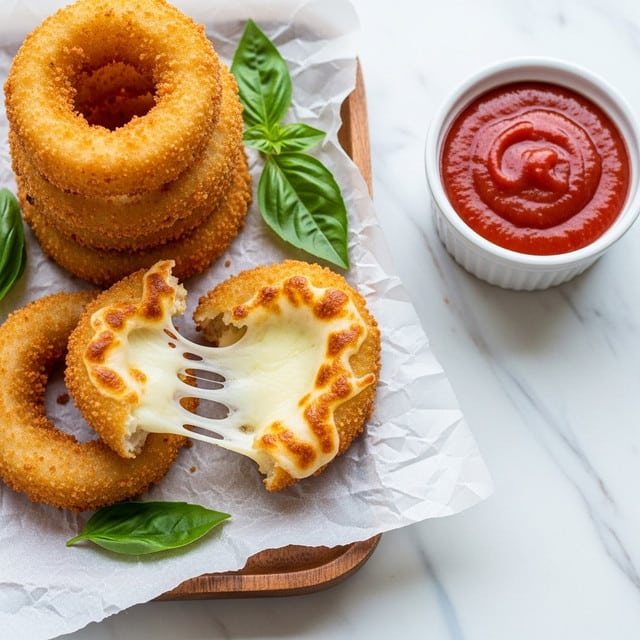 A stack of golden brown, crispy breaded onion rings is placed on white parchment paper over a wooden tray, showing one ring with melted cheese stretching out. Fresh green basil leaves are scattered around the onion rings for a pop of color. To the right, a small white cup filled with thick red dipping sauce sits on a white marbled surface with faint, light blue streaks. Photo taken with an iphone --ar 4:5 --v 7