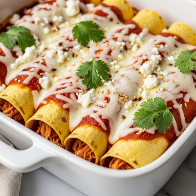 The image shows a close-up of six rolled yellow corn tortillas filled with shredded chicken, placed side by side in a white ceramic baking dish. The tortillas are topped with melted white cheese that stretches slightly over the rolls, with patches of red sauce peeking through. Scattered white crumbled cheese and small toasted seeds add texture on top. Fresh green cilantro leaves are placed as garnish, giving a pop of color. The baking dish rests on a white marbled surface with a soft cloth partially visible at the corner. Photo taken with an iphone --ar 4:5 --v 7