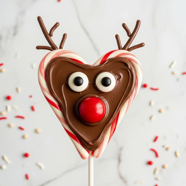 A candy cane shaped like a heart with red and white stripes forms the base, angled in a V shape. A layer of smooth, dark brown chocolate covers the middle bottom part of the V, extending upward slightly on both sides. On top of the chocolate, two round white candy circles with black centers look like eyes, placed side by side near the top of the chocolate area. Below the eyes, a shiny red round candy sits at the center bottom of the chocolate, resembling a nose. The candy cane heart is attached at the bottom to a white stick, held upright against a white marbled background with scattered small red, white, and beige sprinkle pieces. photo taken with an iphone --ar 4:5 --v 7