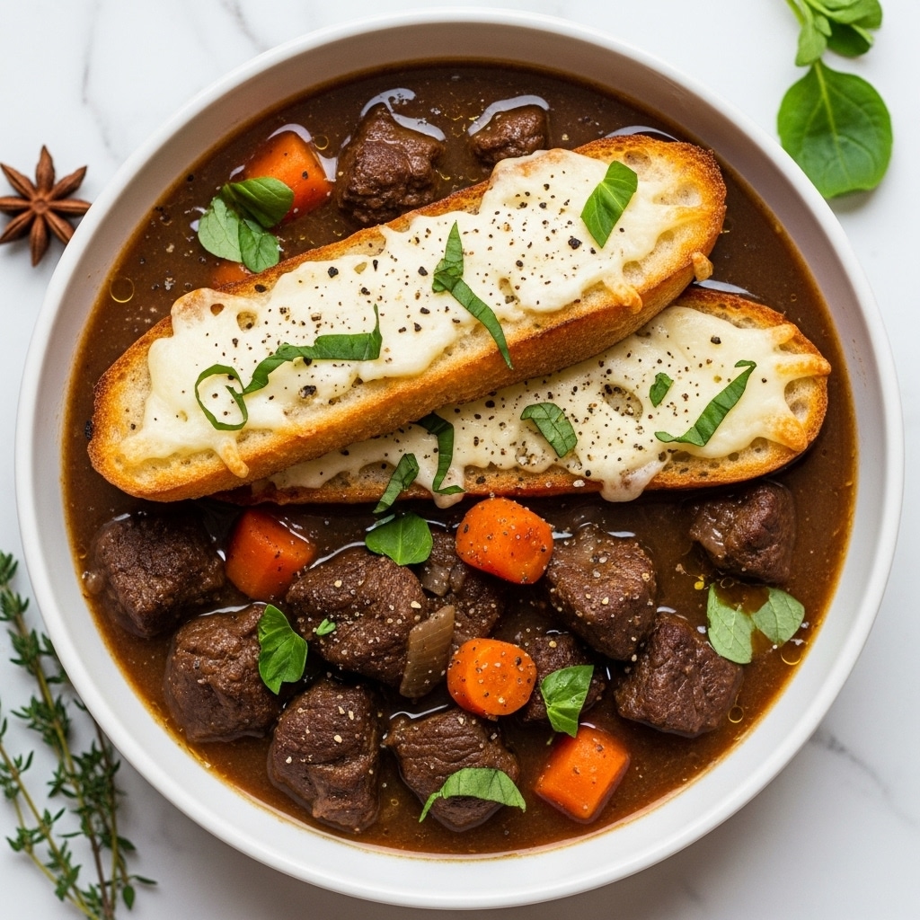 A white bowl filled with a rich brown beef stew featuring visible chunks of tender dark brown beef, small orange carrot pieces, and a few fresh green herbs floating on the surface. On top, two long slices of toasted bread with melted creamy white cheese cover them, sprinkled with small green herb leaves and black pepper. The broth looks thick and glossy with some oil droplets. The bowl rests on a white marbled texture with some star anise and thyme sprigs beside it. Photo taken with an iphone --ar 4:5 --v 7