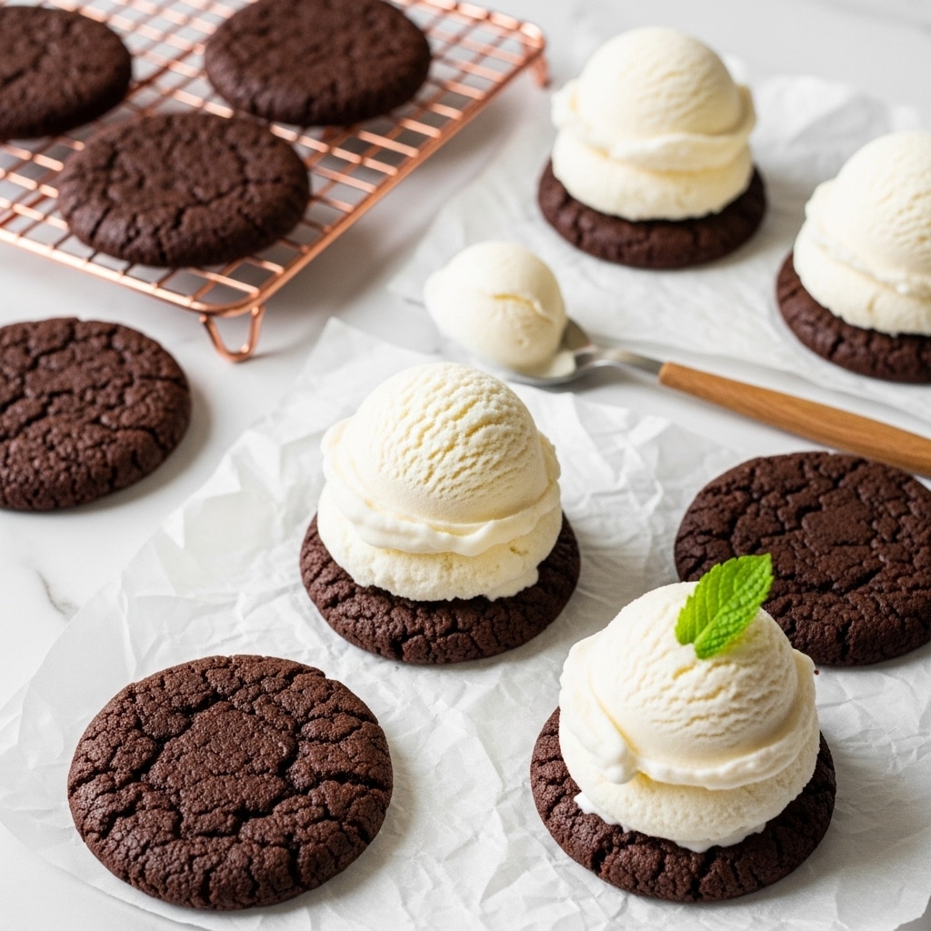 The image shows several dark brown chocolate cookies arranged on white crumpled parchment paper over a white marbled surface. Some cookies are topped with smooth, creamy white vanilla ice cream scoops, creating a two-layer look where the soft ice cream contrasts with the rough-textured cookie base. One ice cream cookie is finished with a small bright green mint leaf on top as decoration. Additional plain cookies are placed on a copper cooling rack in the upper left corner, and there is a metal spoon with a wooden handle holding a bit of white cream near the center. The scene has soft natural light highlighting the textures. photo taken with an iphone --ar 4:5 --v 7