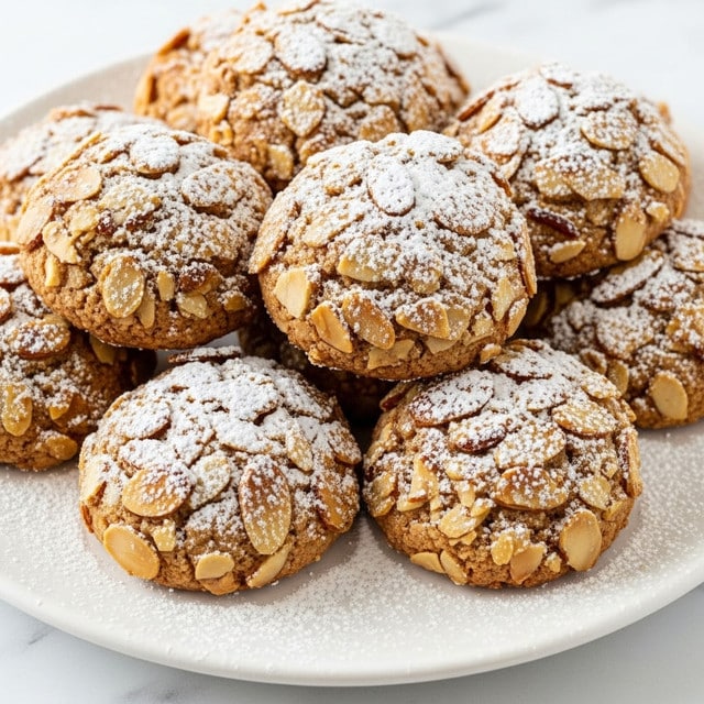 The image shows a pile of small round almond cookies on a white plate. Each cookie is covered with a layer of sliced almonds that are golden brown and slightly toasted, giving a crunchy texture. The cookies have a rough, crumbly surface peeking through the almonds, and the top is dusted with a light layer of white powdered sugar, which also spills onto the plate. The cookies are arranged close together, creating a cozy, inviting look on a white marbled surface. photo taken with an iphone --ar 4:5 --v 7