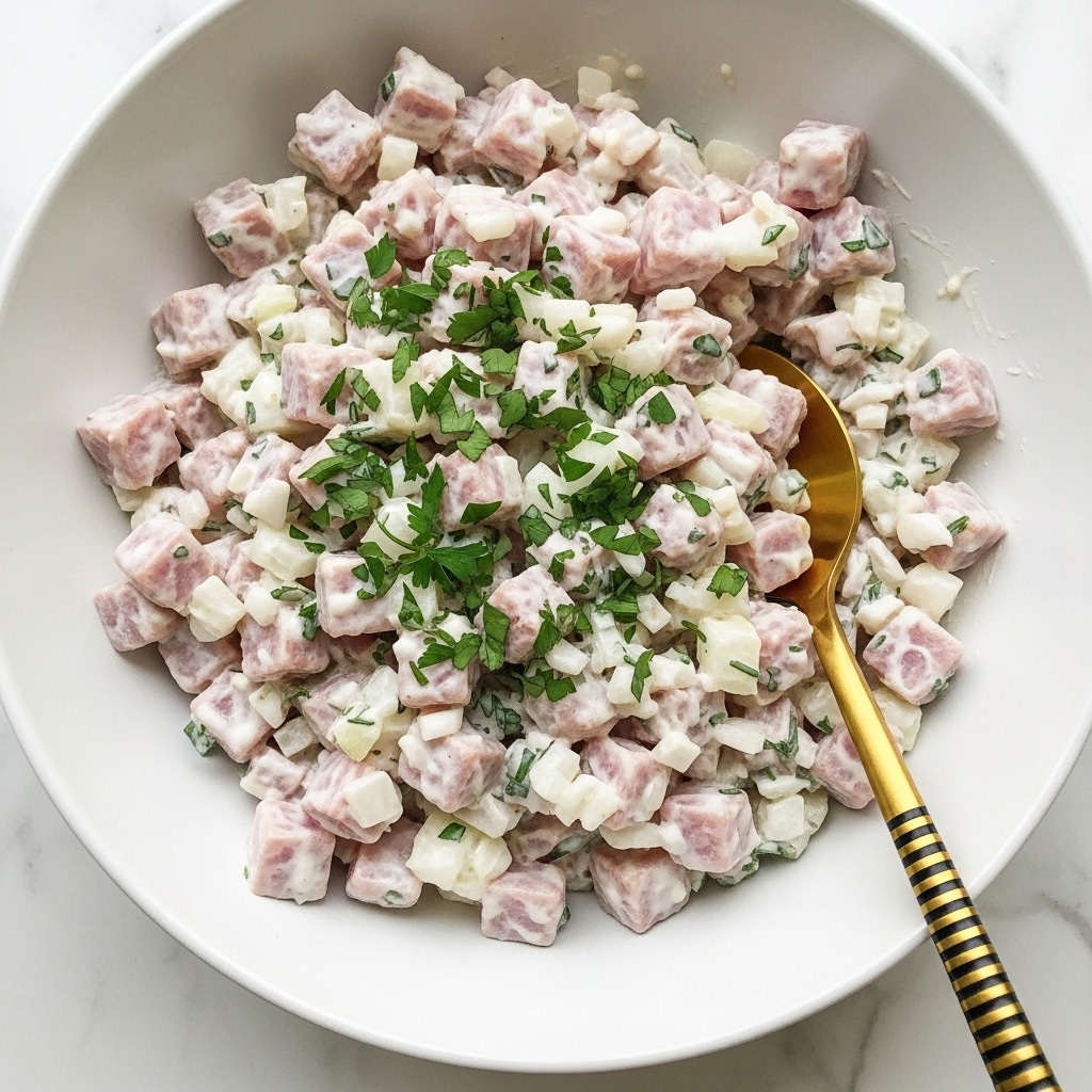 This image shows a close-up of a white bowl filled with a salad made of small pink cubes of ham mixed with white cream sauce, small white diced onions, and green chopped herbs sprinkled on top. The salad looks creamy and fresh, with the herbs adding a bright color contrast. A golden spoon with dark bands lies in the bowl, partially buried in the salad. The bowl is placed on a white marbled surface, giving the photo a clean and simple look. Photo taken with an iphone --ar 4:5 --v 7