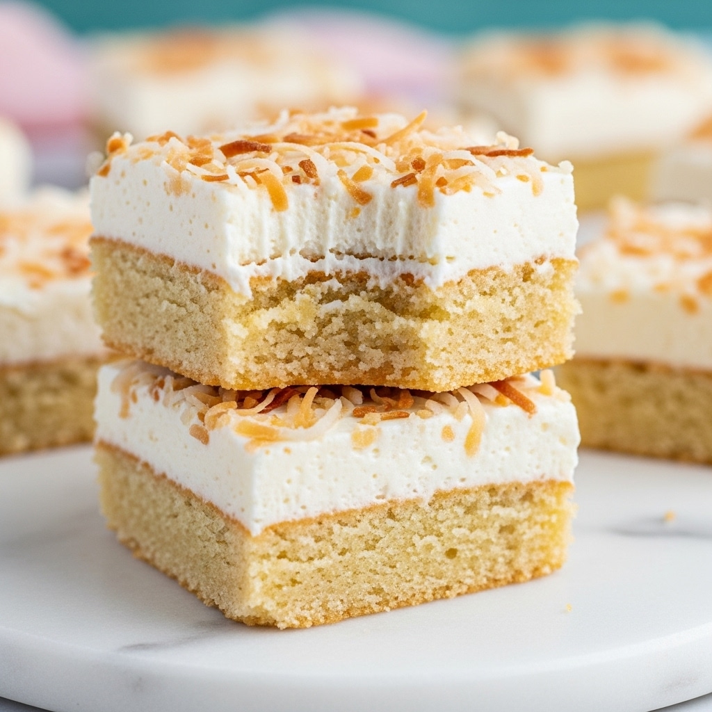 The image shows two square pieces of a dessert stacked on a white marbled surface. Each piece has two layers: the bottom layer is a light golden, soft cake with a slightly crumbly texture, and the top layer is a thick, creamy white frosting covered with shredded coconut, some of which is toasted to a light brown. The top piece has a bite taken from it, revealing the soft texture of the cake. The background is blurred but hints at other similar dessert pieces and soft pink and teal colors. Photo taken with an iphone --ar 4:5 --v 7