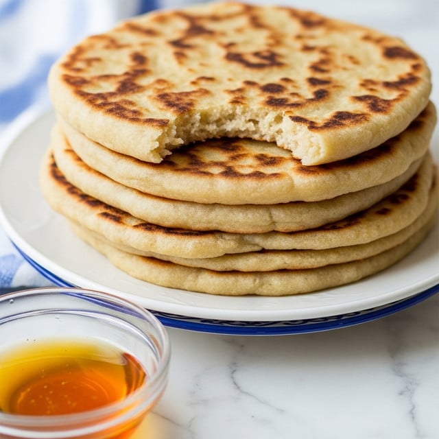 The image shows a stack of flatbreads with at least five layers, each layer round and golden brown with darker toasted spots, some edges slightly uneven. The top flatbread has a bite taken out, revealing a soft, slightly crumbly inside texture. The flatbreads rest on a white plate with a blue pattern partially visible beneath. In the foreground, there is a clear glass bowl holding golden honey. The setting is on a white marbled surface. photo taken with an iphone --ar 4:5 --v 7