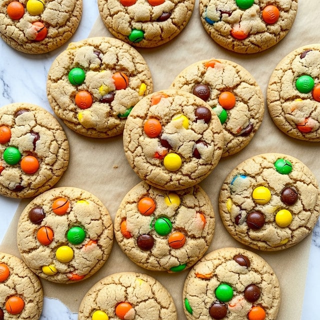 The image shows many round cookies placed close together on a flat surface covered with light brown parchment paper on a white marbled texture. Each cookie is thick with a rough, cracked surface, and they are filled with colorful candy pieces in orange, yellow, brown, and tan scattered on top and within the dough. The cookies have a light golden-brown color with uneven edges, and the candies are partly melted into the cookie surface, adding shiny spots of color. photo taken with an iphone --ar 4:5 --v 7