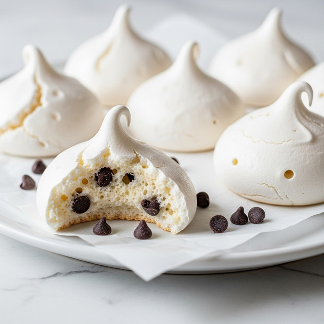 The image shows several white meringue cookies with a smooth, slightly glossy texture and pointed peaks, arranged on a white plate covered with parchment paper on a white marbled surface. One of the meringues is broken open near the front, revealing a soft, airy inside filled with scattered small dark chocolate chips. The cookies have a light, airy appearance with small air holes on the surface. The scene has a clean, simple look with the focus on the meringue textures and color contrast between the white cookie and dark chocolate bits. Photo taken with an iphone --ar 4:5 --v 7