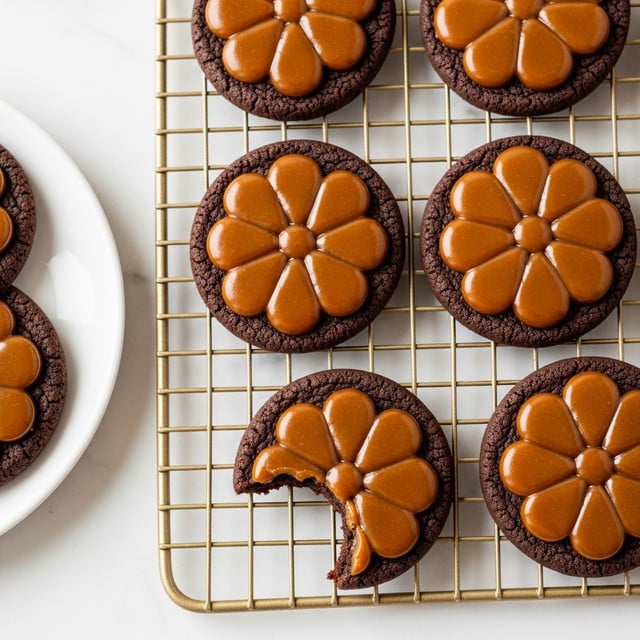 The image shows round chocolate cookies on a gold wire cooling rack placed on a white marbled texture. Each cookie has one main layer of dark brown chocolate dough with a smooth, shiny layer of caramel glaze on top that forms an eight-petal flower pattern in a slightly darker shade. One cookie has a bite taken out of it, showing the soft texture inside. On the left side, part of a white plate with another cookie is visible. The cookies have a glossy finish with a detailed, symmetrical flower design standing out. Photo taken with an iphone --ar 4:5 --v 7