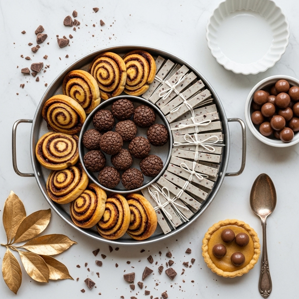 A metal tray with handles contains a layered mix of treats arranged in three sections: one section is filled with round, golden-brown cinnamon rolls with visible dark brown swirls, forming a ring around the inside edges of the tray; the middle section holds small, round, dark chocolate balls with a rough texture; the last section has light grey rectangular chocolate bars with small dark specks stacked neatly on white string. The tray sits on a white marbled surface sprinkled with scattered chocolate crumbs and chunks. To the side, there is a small white bowl filled with smooth, round milk chocolate balls, an empty white fluted tart pan, and a small tart mold with light brown filling and a tarnished silver spoon beside it. Gold-colored leaves add a decorative touch nearby. photo taken with an iphone --ar 4:5 --v 7
