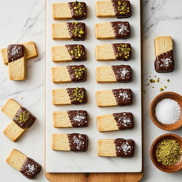 The image shows rectangular shortbread cookies arranged in two neat rows on a white marbled surface and a wooden board partially underneath. Each cookie has two layers: a light beige, crumbly shortbread base, and a dark brown chocolate layer covering one slanted corner of the cookie. Some of the chocolate-covered corners are topped with small green pistachio pieces or coarse salt flakes. Additional shortbread cookies without chocolate are scattered on the white marbled surface to the left and bottom edges. Two small wooden bowls on the lower right hold coarse salt and crushed pistachios. photo taken with an iphone --ar 4:5 --v 7