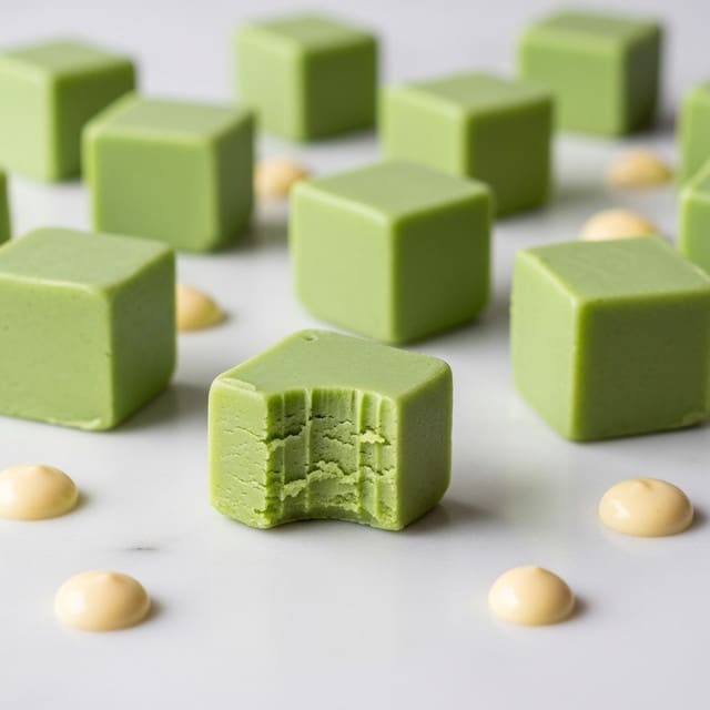 The image shows multiple small, square-shaped green fudge pieces arranged on a white marbled surface. Each fudge piece has a smooth texture and solid light green color. One piece in the front has a bite taken out of it, showing the dense and creamy inside. Around the fudge squares, there are scattered small, round, creamy yellow drops. The overall look is clean and minimal with the focus on the soft, pastel green fudge blocks and pale yellow drops. photo taken with an iphone --ar 4:5 --v 7