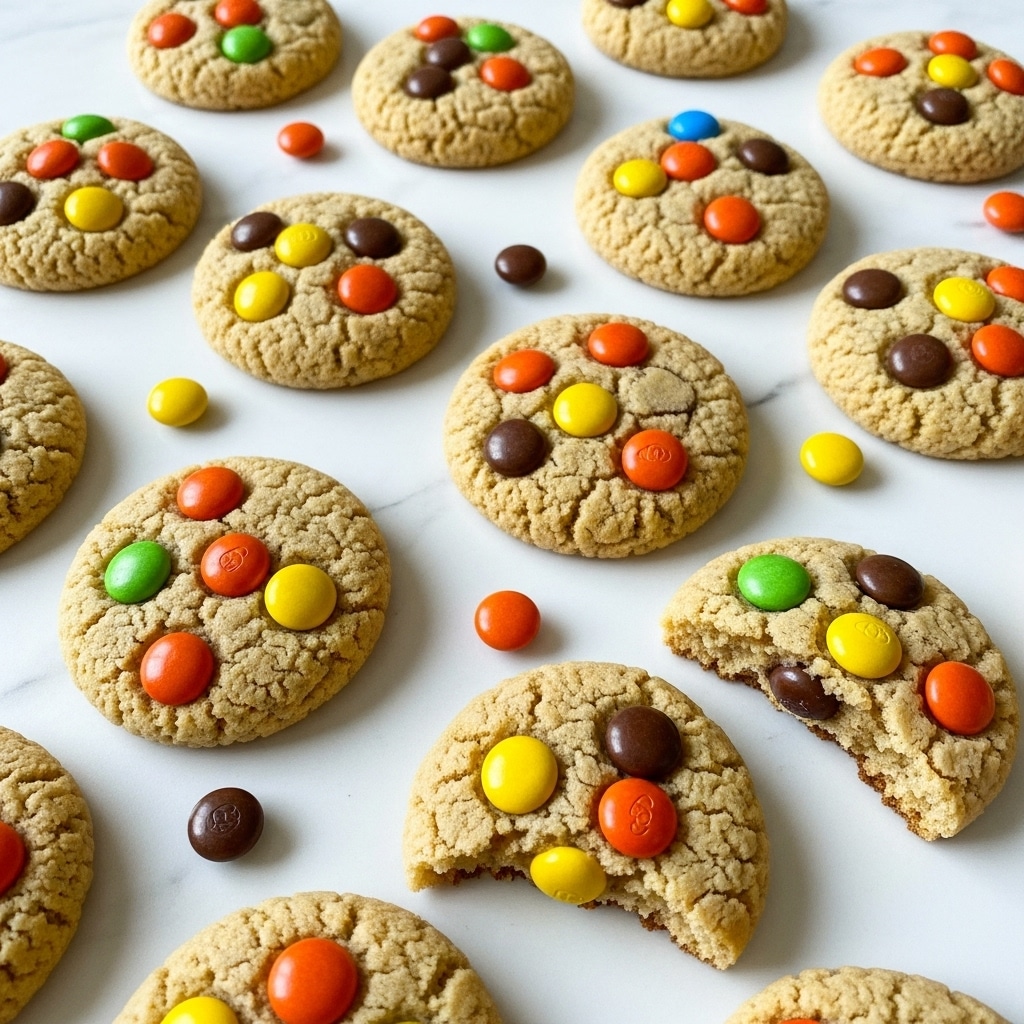 The image shows many round cookies spread out on a white marbled surface. Each cookie has one thick layer with a light golden-brown color and a rough, crumbly texture. Scattered on top and inside each cookie are smooth, colorful candy-coated chocolate pieces in orange, yellow, and dark brown. Some cookies are whole, while a few are slightly broken, showing the soft, dense inside. Small candy pieces are also scattered between the cookies on the surface. photo taken with an iphone --ar 4:5 --v 7