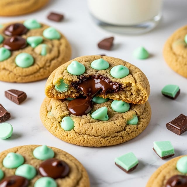 A close-up view of soft, thick cookies with a light brown base and scattered small light green mint chocolate chips, some partially melted, creating gooey dark brown chocolate puddles on the surface. The cookie in the center is broken open at the top, revealing a moist interior with melted dark chocolate. Around the cookies, small pieces of broken green and brown chocolate are scattered on a white marbled surface. In the background, a glass of milk can be slightly seen. photo taken with an iphone --ar 4:5 --v 7