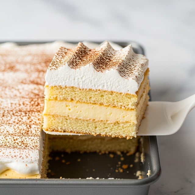 A square slice of cake is being lifted from a baking pan with a white spatula. The cake has three layers: a thick bottom sponge layer that is light golden and porous, a smooth middle layer of creamy, pale yellow filling that looks soft and custard-like, and a thick top layer of fluffy white whipped topping spread unevenly with soft peaks, dusted with a light brown powder. The baking pan is metal with some crumbs inside, placed on a white marbled surface. The overall look is warm and inviting. photo taken with an iphone --ar 4:5 --v 7