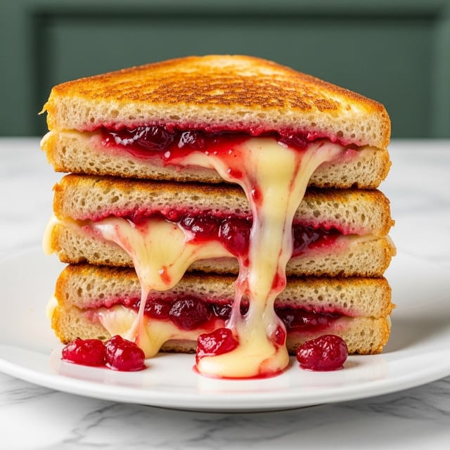 A stack of three grilled cheese sandwiches cut in half and piled on top of each other on a white plate, showing three layers of toasted light brown bread that is crispy on the outside, with bright red cranberry sauce and gooey melted pale yellow cheese oozing out between each bread layer. The bottom sandwich has the cheese melting and pooling slightly onto the white plate, with some cranberry sauce pieces scattered around. The background is a white marbled texture with a blurry green wall behind. Photo taken with an iphone --ar 4:5 --v 7