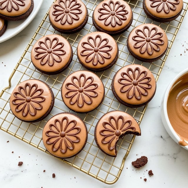 Round chocolate cookies with a smooth light brown icing on top, each cookie showing a darker brown floral pattern etched into the icing with eight petal shapes radiating from the center. The cookies are placed on a gold wire cooling rack over a white marbled surface. There are about fifteen cookies visible, one of which has a bite taken out and is resting on the surface next to the rack. In the corner, part of a white bowl with light brown icing inside is visible, and in the top left a white plate with more cookies is partially seen. Small chocolate crumbs are scattered around the cookies. photo taken with an iphone --ar 4:5 --v 7