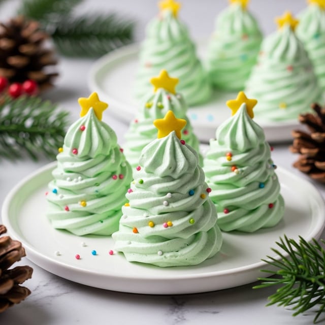 The image shows small, light green meringue cookies shaped like Christmas trees with swirled layers, each topped with a small yellow star-shaped candy. The meringues are decorated with tiny round colorful sprinkles scattered across their soft, airy texture. Three meringues sit closely together on a white plate with more similar meringues blurred in the background. The scene is set on a white marbled surface with some pine cones and green pine leaves giving a festive feel. Photo taken with an iphone --ar 4:5 --v 7