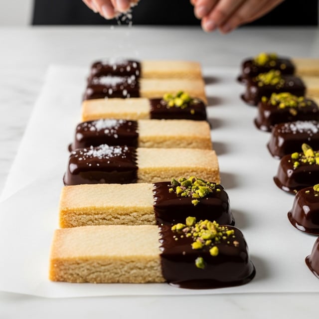 The image shows several rectangular pieces of light beige shortbread cookies lined up on white parchment paper over a white marbled surface. Each cookie is partially dipped in dark shiny chocolate on one end, creating a smooth, glossy layer that covers about one-third of the cookie. The chocolate-dipped ends are topped with small pieces of green pistachios, adding texture and color contrast. In the background, blurred hands are sprinkling salt or a similar white topping onto the chocolate. The overall scene feels clean and minimalist with a focus on the simple, elegant dessert. photo taken with an iphone --ar 4:5 --v 7