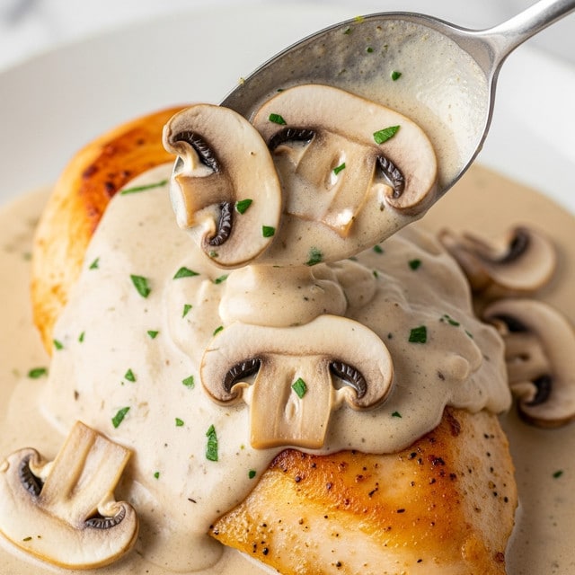 A close-up of a cooked piece of golden-brown chicken breast covered with creamy mushroom sauce, with several light brown mushroom slices visible on top of the sauce. The sauce has a smooth, thick texture and is speckled with small green herb pieces. A silver spoon is shown pouring more creamy sauce with mushroom slices onto the chicken. The background has a soft, white marbled texture. photo taken with an iphone --ar 4:5 --v 7