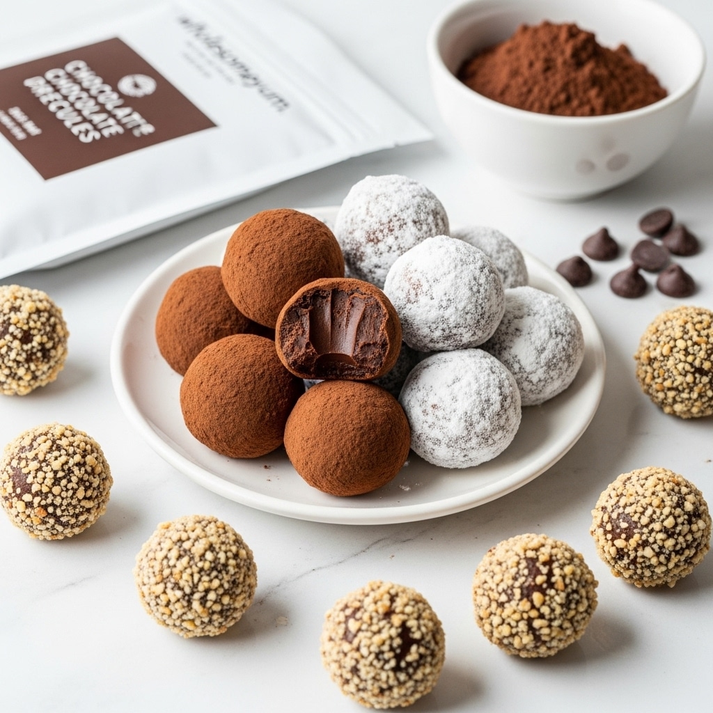 A white plate filled with three types of round truffles, arranged loosely in a small pile; some truffles are dusted with dark brown cocoa powder, showing a slightly rough dry texture, including one truffle bitten to reveal smooth dark chocolate inside; others are covered in white powdered sugar with a soft, powdery look; a third type is coated with chopped nuts, giving a bumpy, crunchy texture. Around the plate are scattered individual truffles matching the same coatings. In the background, a white package with chocolate branding and a white bowl filled with dark brown cocoa powder rest on a white marbled surface. A few dark chocolate chips lie near the plate. Photo taken with an iphone --ar 4:5 --v 7