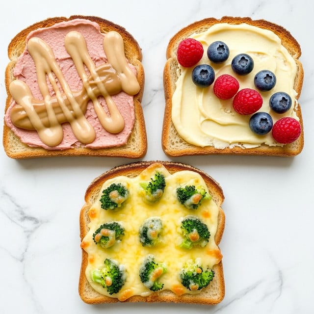 The image shows three slices of toasted bread on a white marbled surface, each slice topped with different spreads and ingredients. The top left slice has a creamy light brown spread drizzled over a pinkish base layer. The top right slice is spread with a smooth, pale yellow layer and decorated with blueberries and raspberries arranged near the center. The bottom slice has a melted, cheesy layer mixed with small green broccoli pieces evenly spread across it. The edges of the bread slices are golden brown with a crisp texture. Photo taken with an iphone --ar 4:5 --v 7